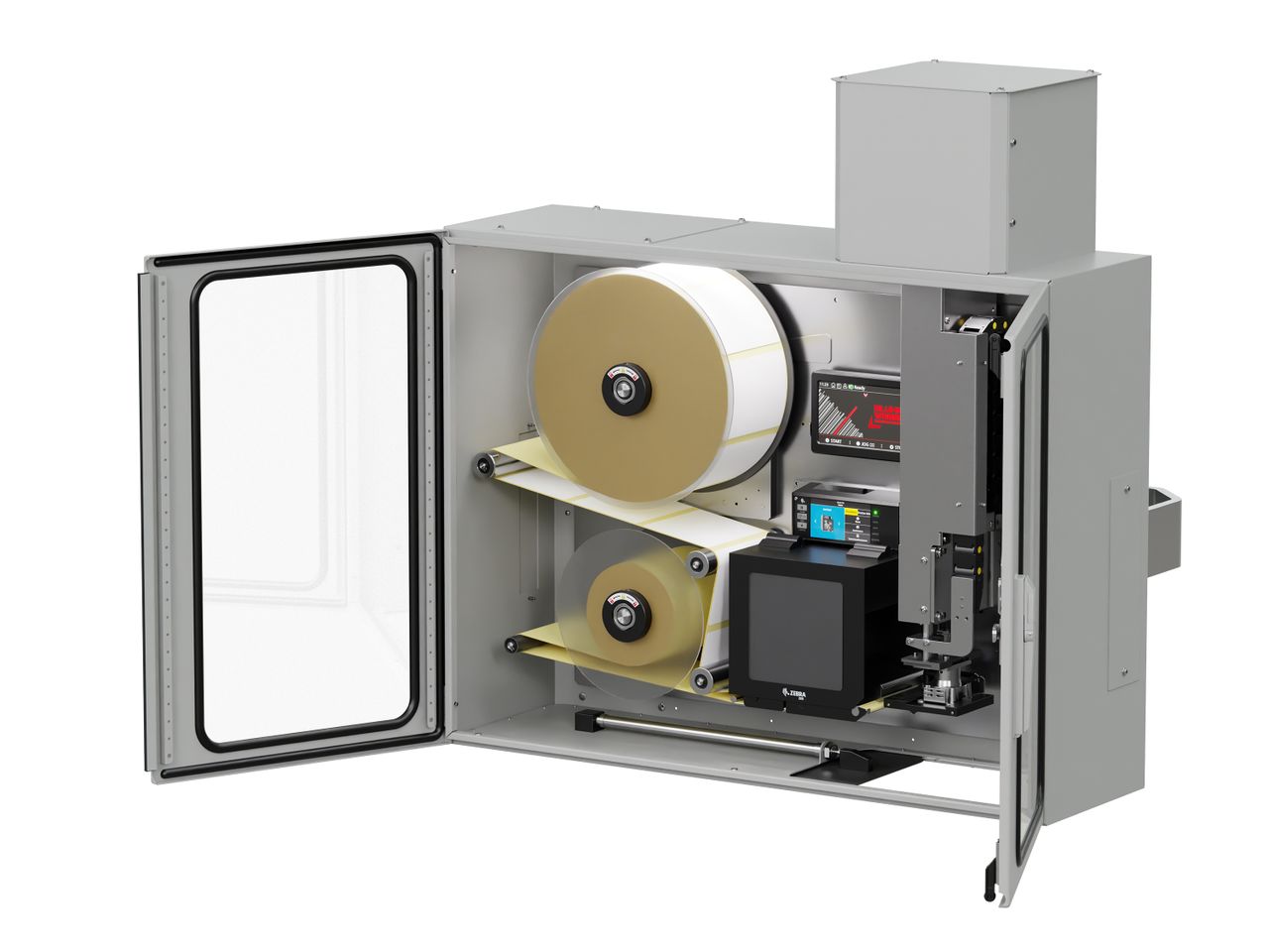 Erogatore di etichette con stampa Legi-Air 4050I aperto a destra