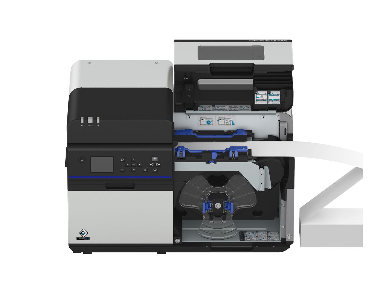 Stampante per etichette a colori Epson ColorWorks C8000e coperchio aperto con carta continua