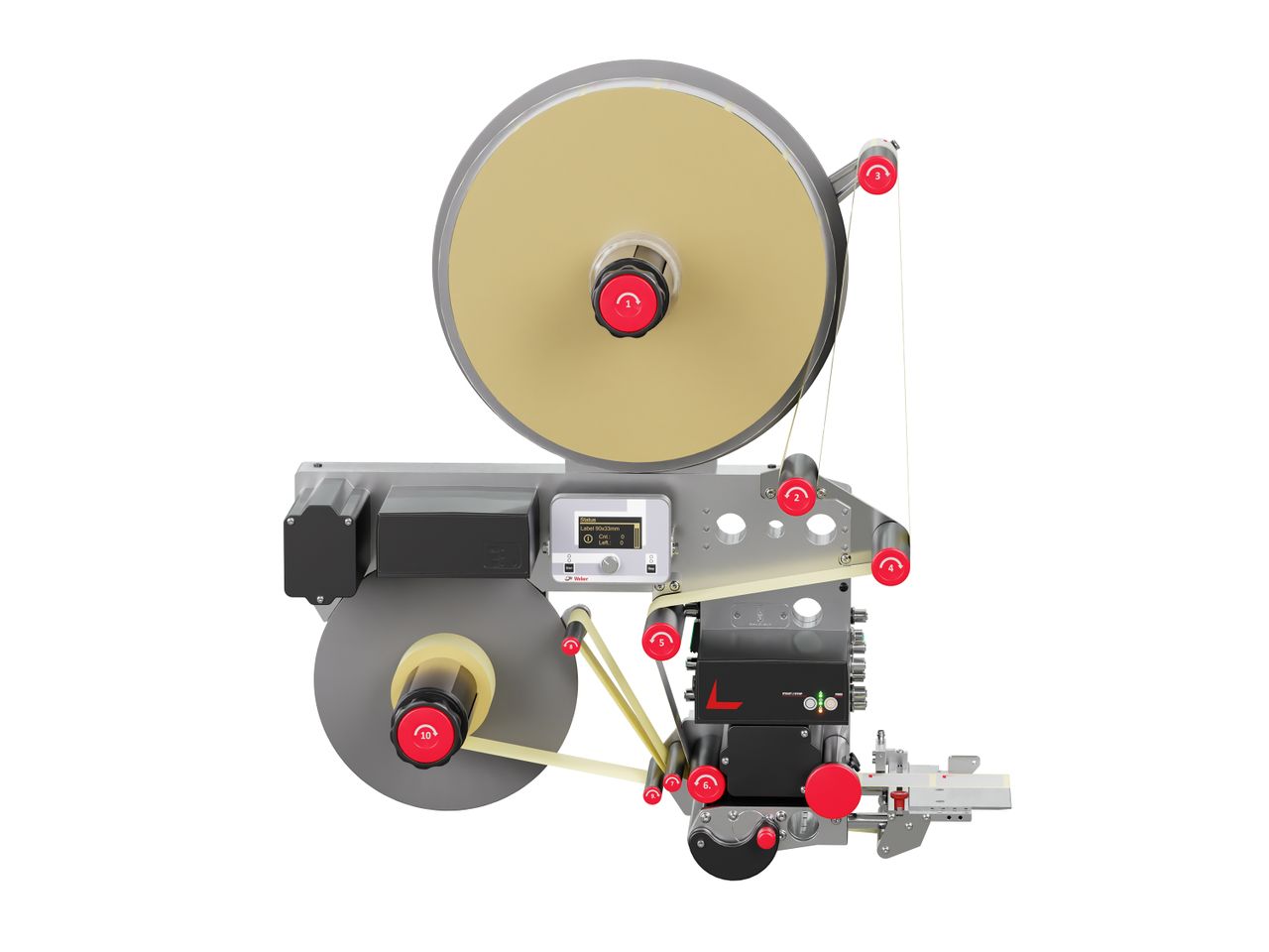 Erogatore di etichette Alpha HSM lato anteriore con rotolo di etichette inserito