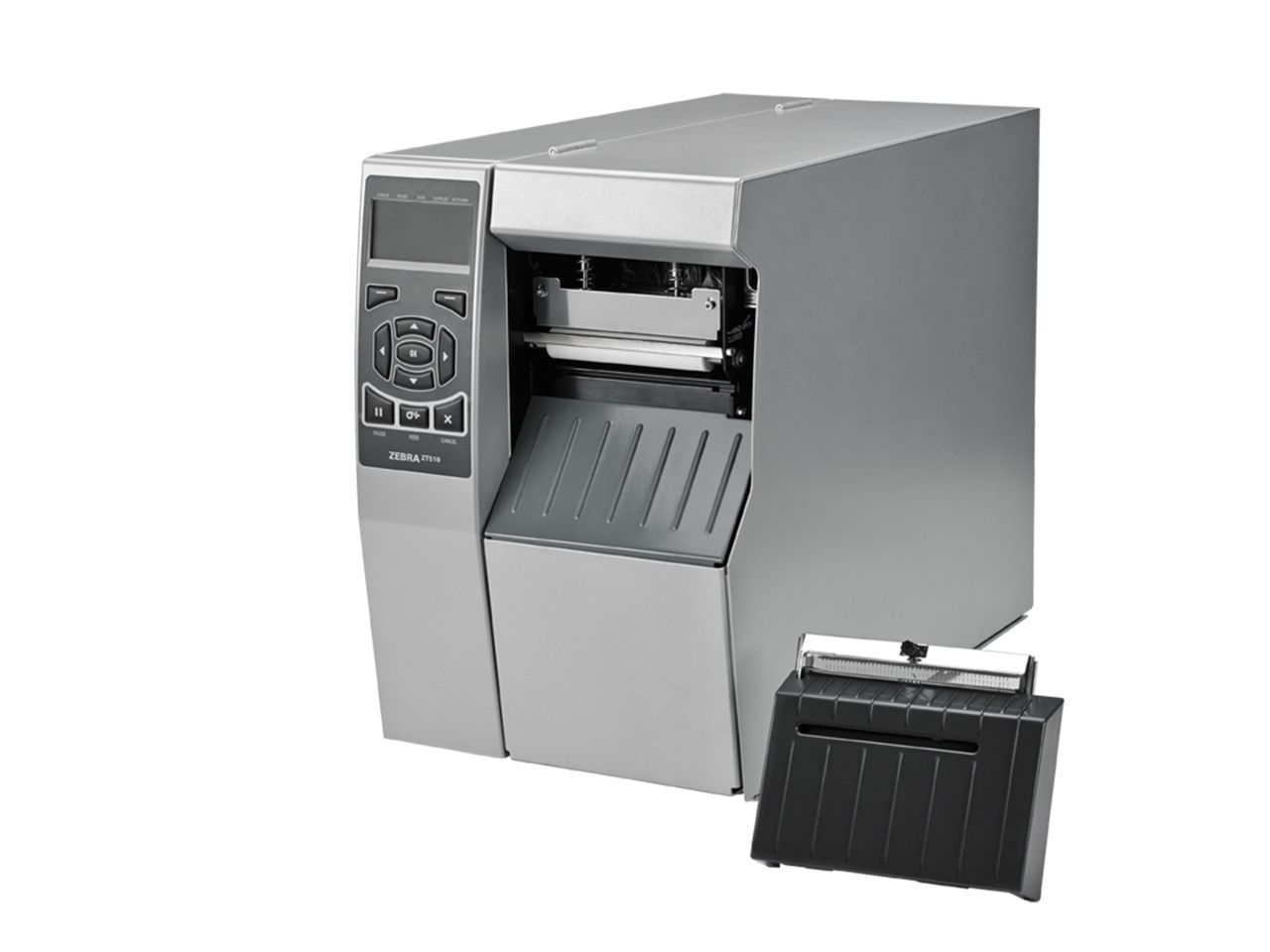 Stampante per etichette Zebra ZT510 anteriore sinistra con taglierina