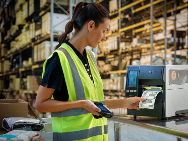 Applicazione della stampa di etichette Zebra ZT411 in magazzino presso la stazione di imballaggio