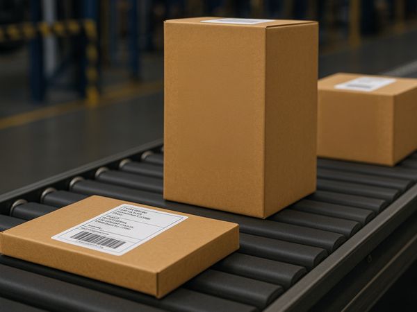 Scatole di diverse altezze con etichette di spedizione