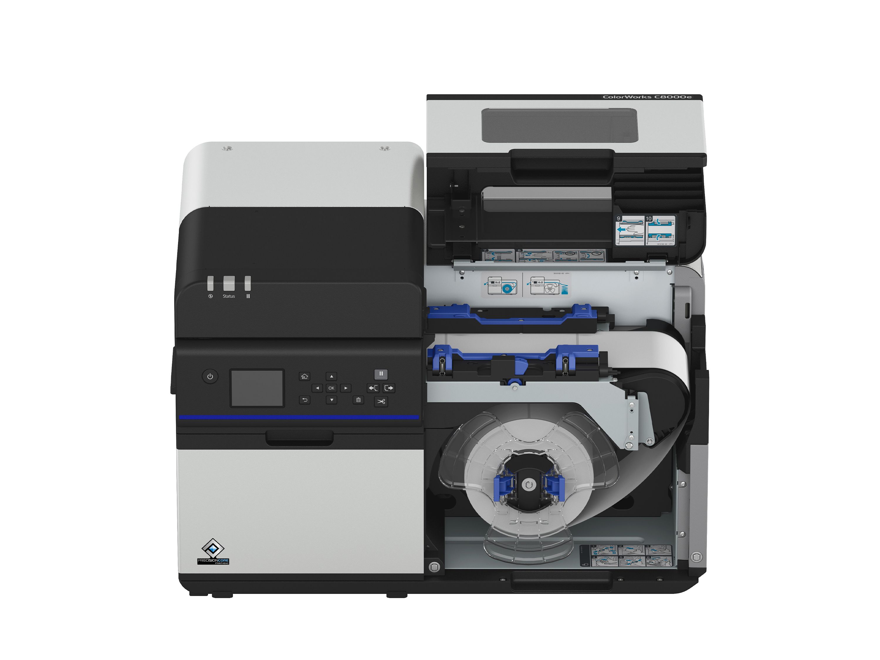 Stampante per etichette a colori Epson ColorWorks C8000e coperchio aperto con rotolo