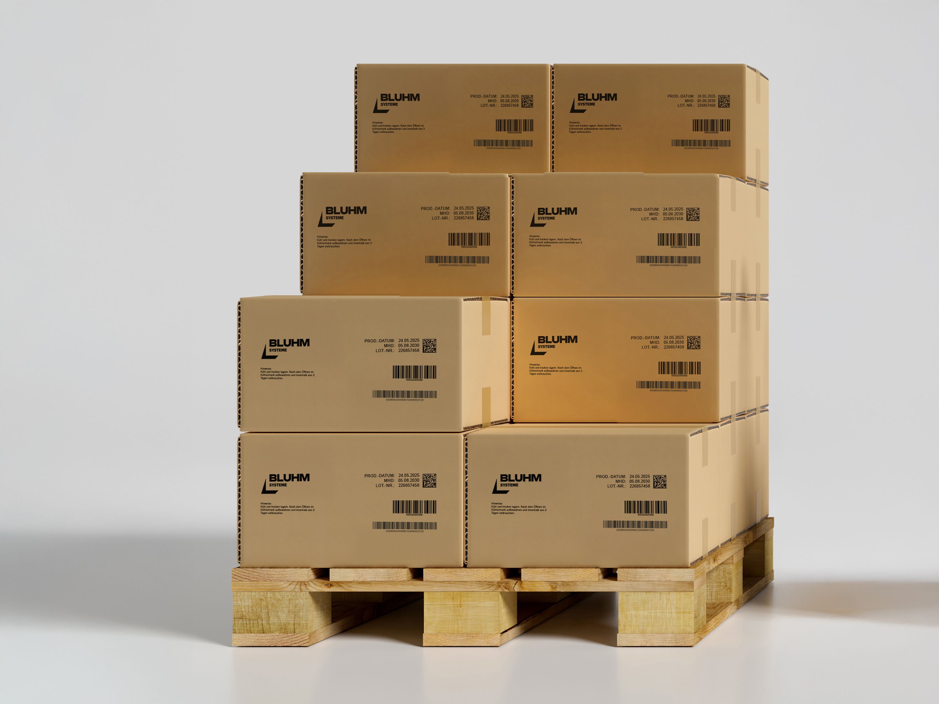 Cartoni marcati con stampante a getto d’inchiostro Markoprint integra Singular 108 su un pallet
