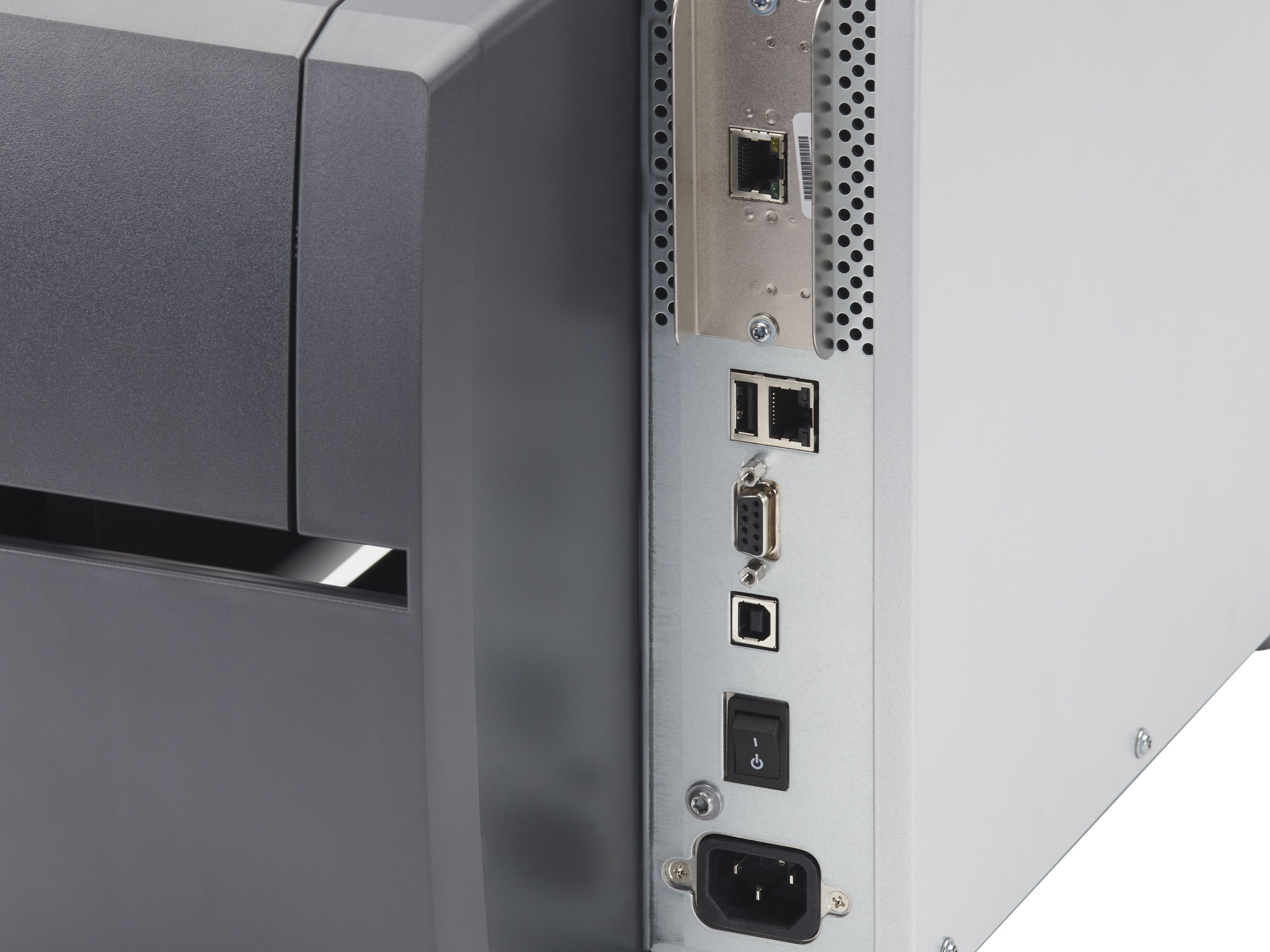 Stampante per etichette Zebra ZT231 lato posteriore con attacco Ethernet