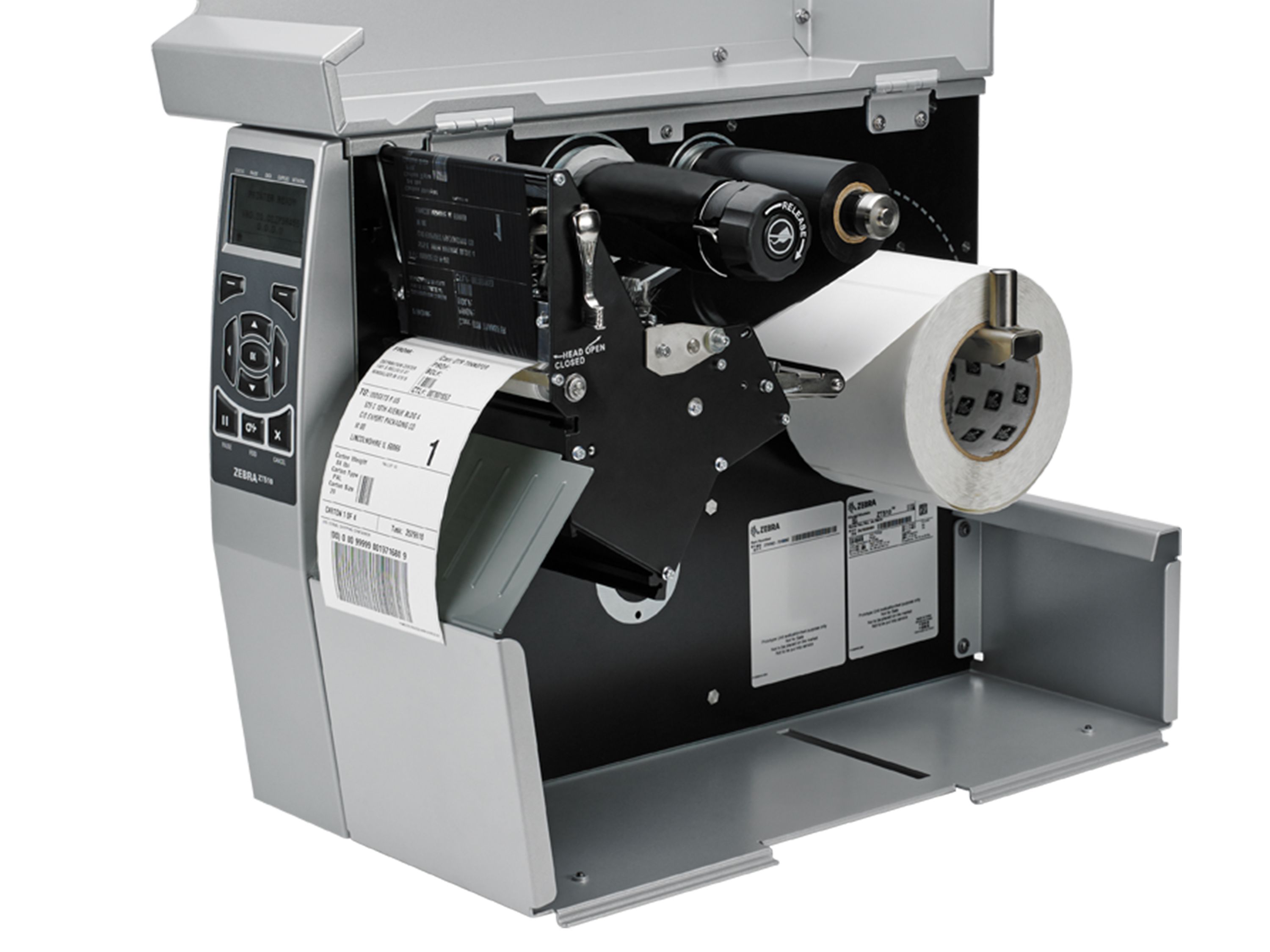 Stampante per etichette Zebra ZT510 aperta con nastro a trasferimento termico inserito