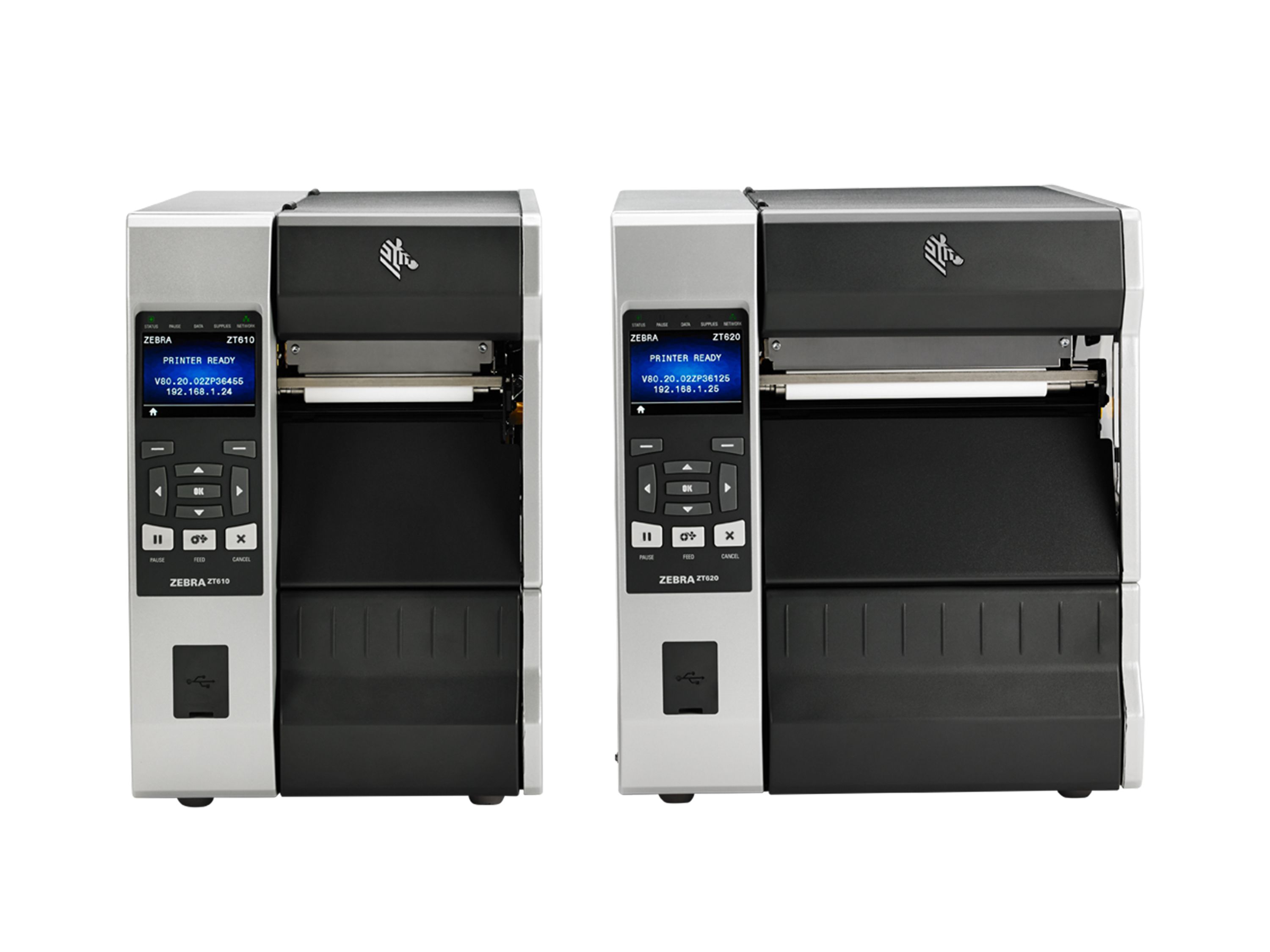 Stampante per etichette Zebra ZT610 e ZT620 affiancate frontale