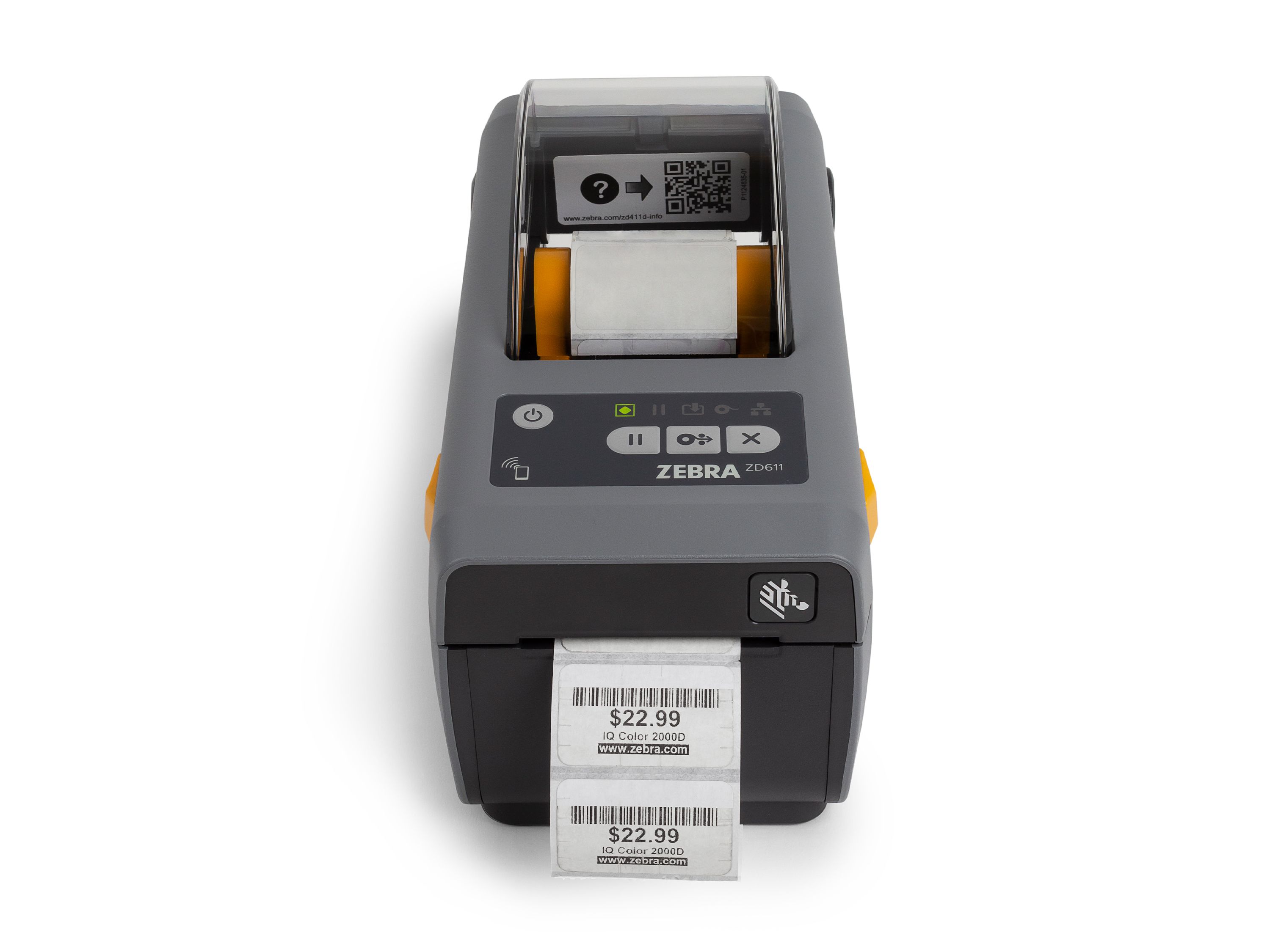 Stampante Zebra ZD611d frontale durante la stampa di etichette