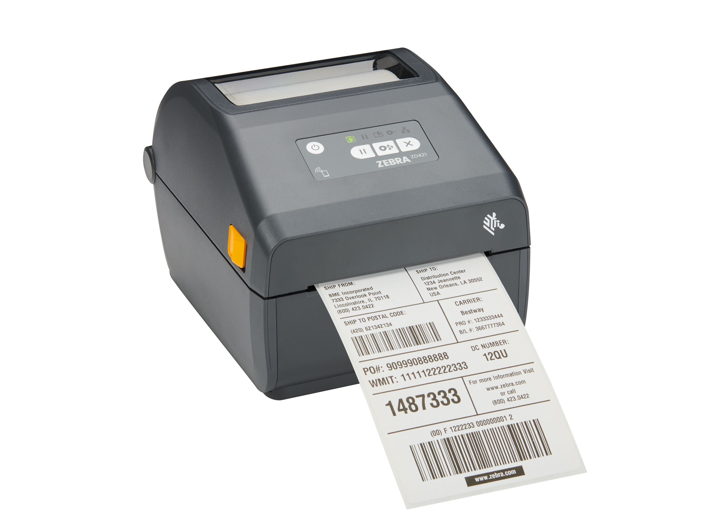 Stampante desktop Zebra ZD421 anteriore destra per la stampa di etichette di spedizione