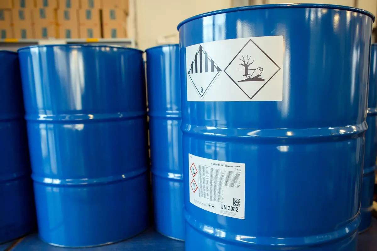 Hazardous substance label on metal drum
